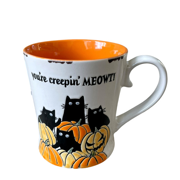 Spectrum Designz Black Cats Pumpkins YOU'RE CREEPING MEOWT! Halloween Mug NEW - Picture 2 of 13